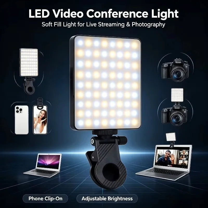 Black clip-on LED panel with warm and cool beads, shown clipped to a phone, mounted on a DSLR and clipped to a laptop
