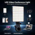 Black clip-on LED panel with warm and cool beads, shown clipped to a phone, mounted on a DSLR and clipped to a laptop