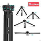 Black metal mini tripod with a 1/4 inch screw on top, shown with its legs in four positions from flat to upright