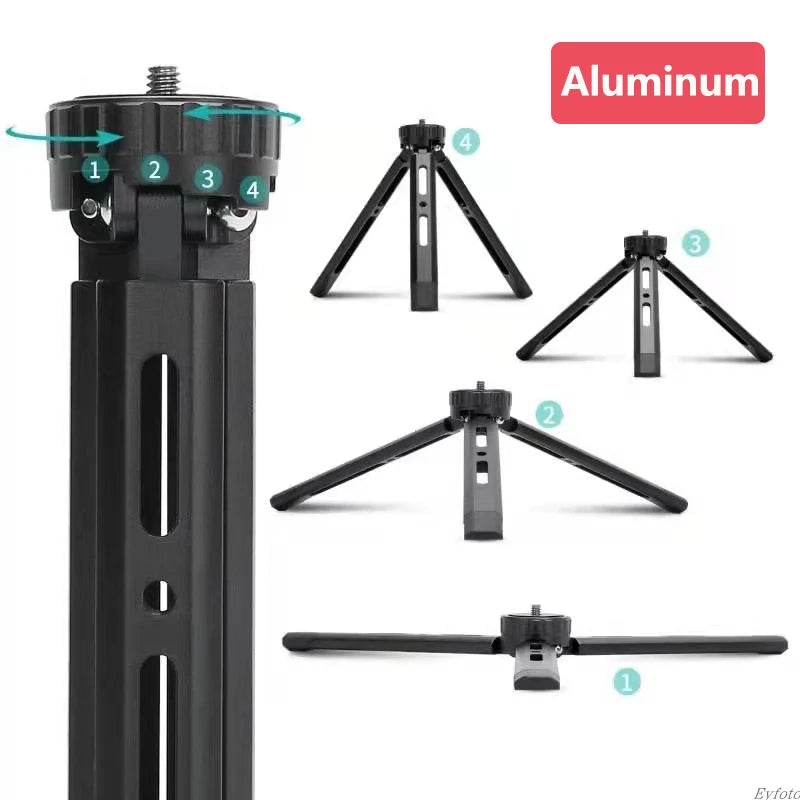 Black metal mini tripod with a 1/4 inch screw on top, shown with its legs in four positions from flat to upright