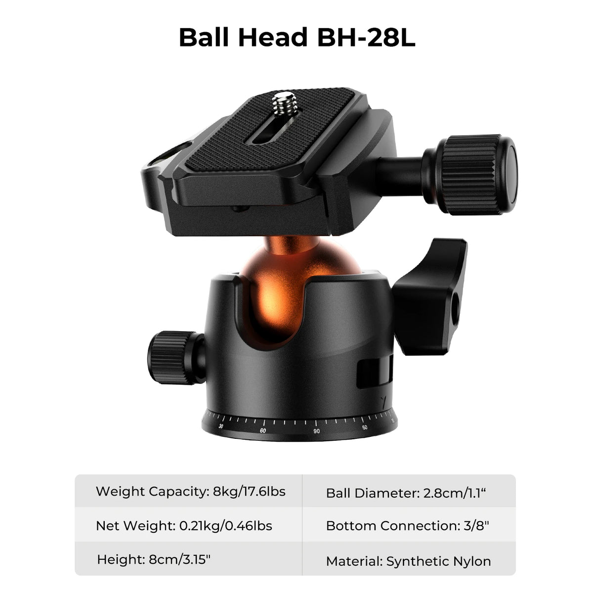 Black K&F Concept tripod with an orange ball head, shown with a phone clip, folded legs, outdoor use and its box and bag