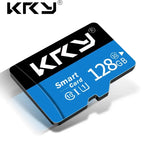 Blue and black KRY microSD cards from 8GB to 128GB beside a red retail pack holding a card and an SD adapter
