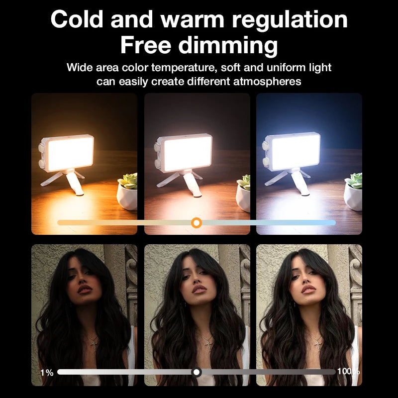 A white pocket-sized LED panel light glowing warm white, held in one hand against a dark background