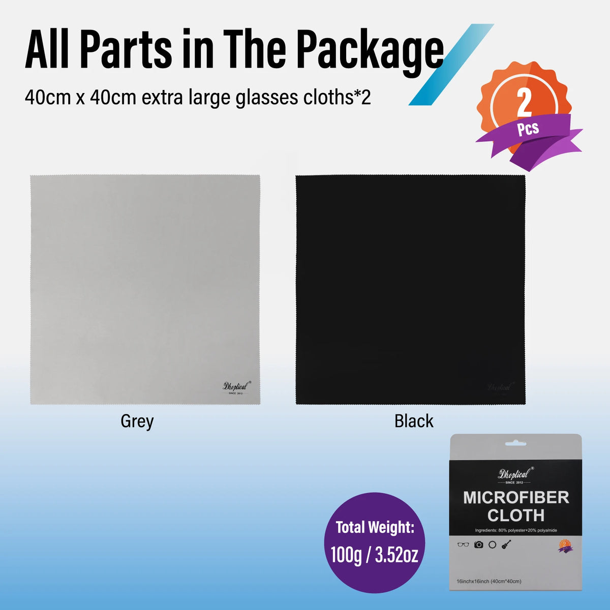 Hand holding a large black microfiber cloth, with a black and a gray cloth in sleeves and a gray retail package below