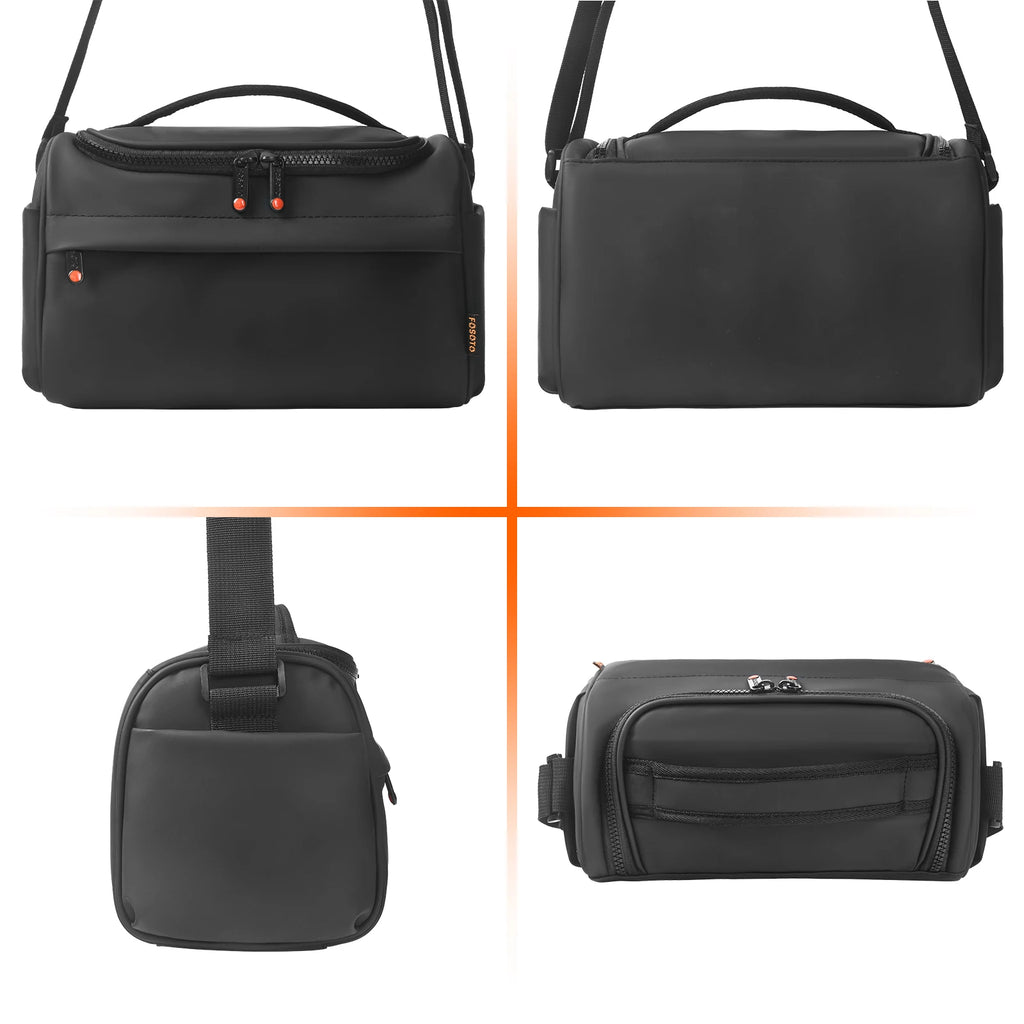 Black camera shoulder bag open to an orange padded interior, a small lens inside and a hand lowering a zoom lens in