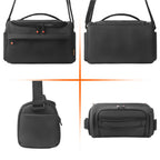 Black camera shoulder bag open to an orange padded interior, a small lens inside and a hand lowering a zoom lens in