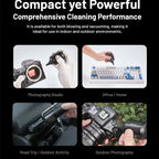 Hand holding a small black Nitecore BB Nano electric blower with a tapered rubber nozzle