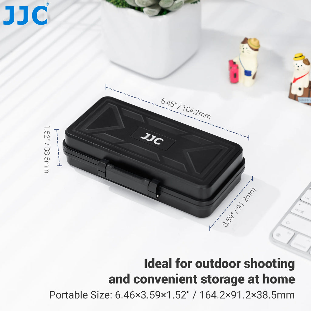 Open black JJC hard case with memory cards held in the lid and three camera batteries in moulded wells below