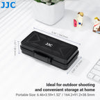 Open black JJC hard case with memory cards held in the lid and three camera batteries in moulded wells below