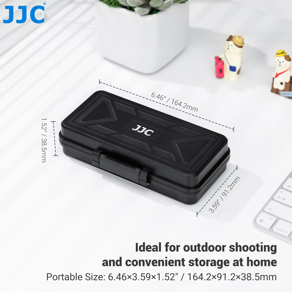 Black JJC hard case open with three camera batteries in the base and CFexpress, XQD and SD cards held in the lid
