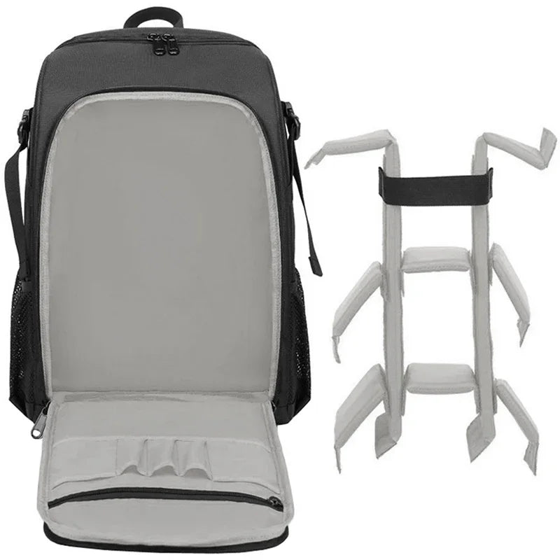 Black camera backpack with a tripod strapped to its side, plus close-ups of a strap buckle and a detachable tripod pouch
