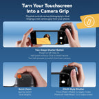 Black Telesin magnetic grip holding a white phone by its back, with a flip-up disc above and a small remote in a hand