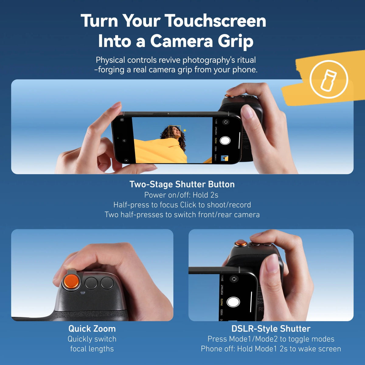 Black hand grip holding a phone by a magnetic ring on its back, with a round fold-up panel above and a remote in a hand