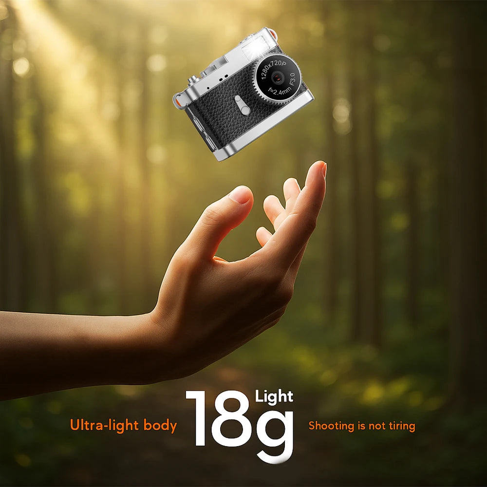 Tiny silver and black retro-style camera held between two fingers, its lens dial printed 1280x720P