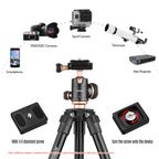 Black and gold Andoer tripod with a panoramic ball head and quick release plate, shown folded beside a black drawstring bag