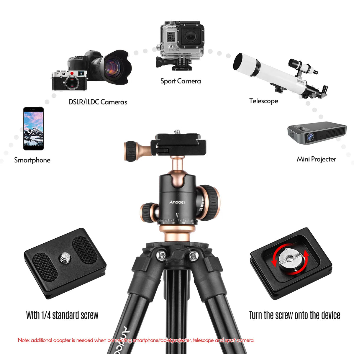 Black and gold Andoer tripod with a panoramic ball head and quick release plate, shown folded beside a black drawstring bag