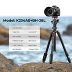 Black K&F Concept tripod with an orange ball head, shown with a phone clip, folded legs, outdoor use and its box and bag
