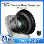 Black Neewer telephoto phone lens with a wide screw-on hood mounted on a phone case, its round lens cap beside it