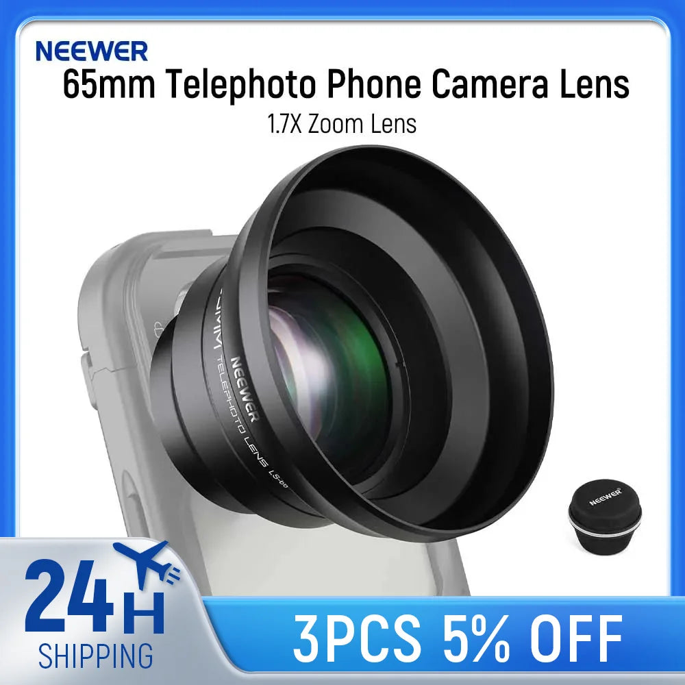 Black Neewer telephoto phone lens with a screw-on hood mounted on a greyed-out phone, its cap beside it