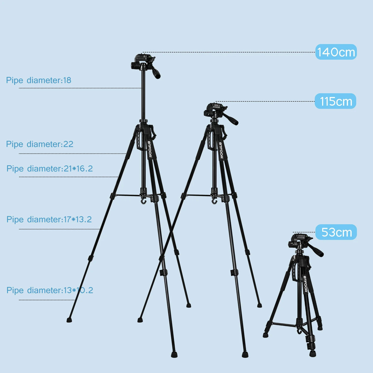 Black aluminum tripod with a handled pan head holding a mirrorless camera, shown folded beside a black drawstring carry bag