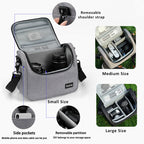Grey camera shoulder bag with a black top handle and strap, beside an open one holding a DSLR and a lens