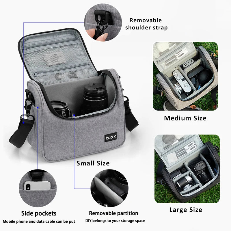Grey camera shoulder bag with a black top handle and strap, beside an open one holding a DSLR and a lens