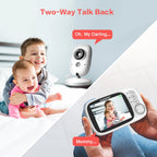 White baby monitor camera on a stand next to a Boavision parent unit whose screen shows two sleeping babies