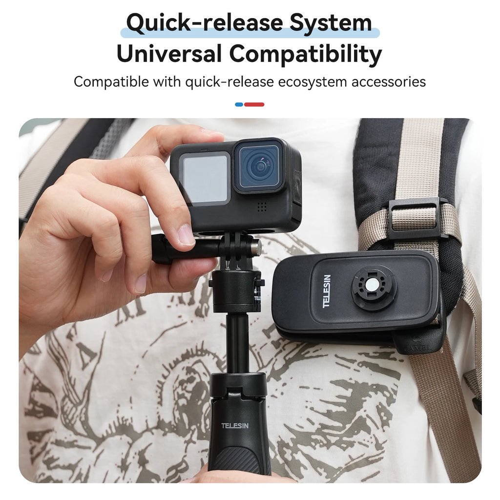 Black Telesin mini tripod standing on open legs beside the same grip extended as a stick, with action cameras in round insets
