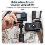 Black Telesin mini tripod standing on open legs beside the same grip extended as a stick, with action cameras in round insets