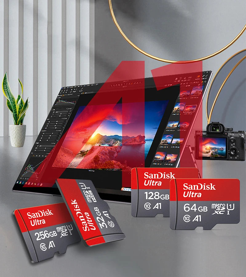 Four red and grey SanDisk Ultra microSD cards marked 256GB, 32GB, 64GB and 128GB