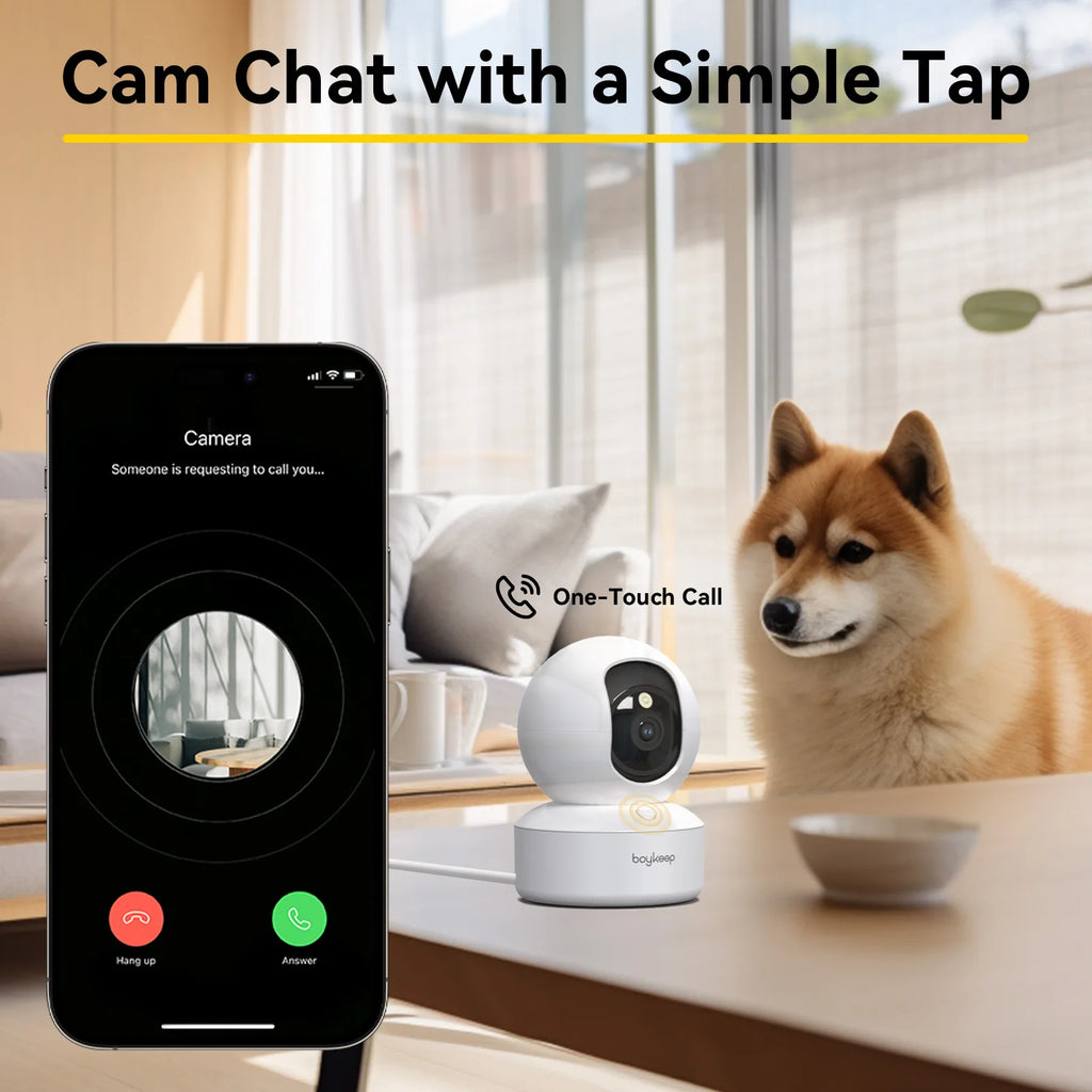 White Boykeep dome camera next to a phone screen showing a fluffy cat running across a floor