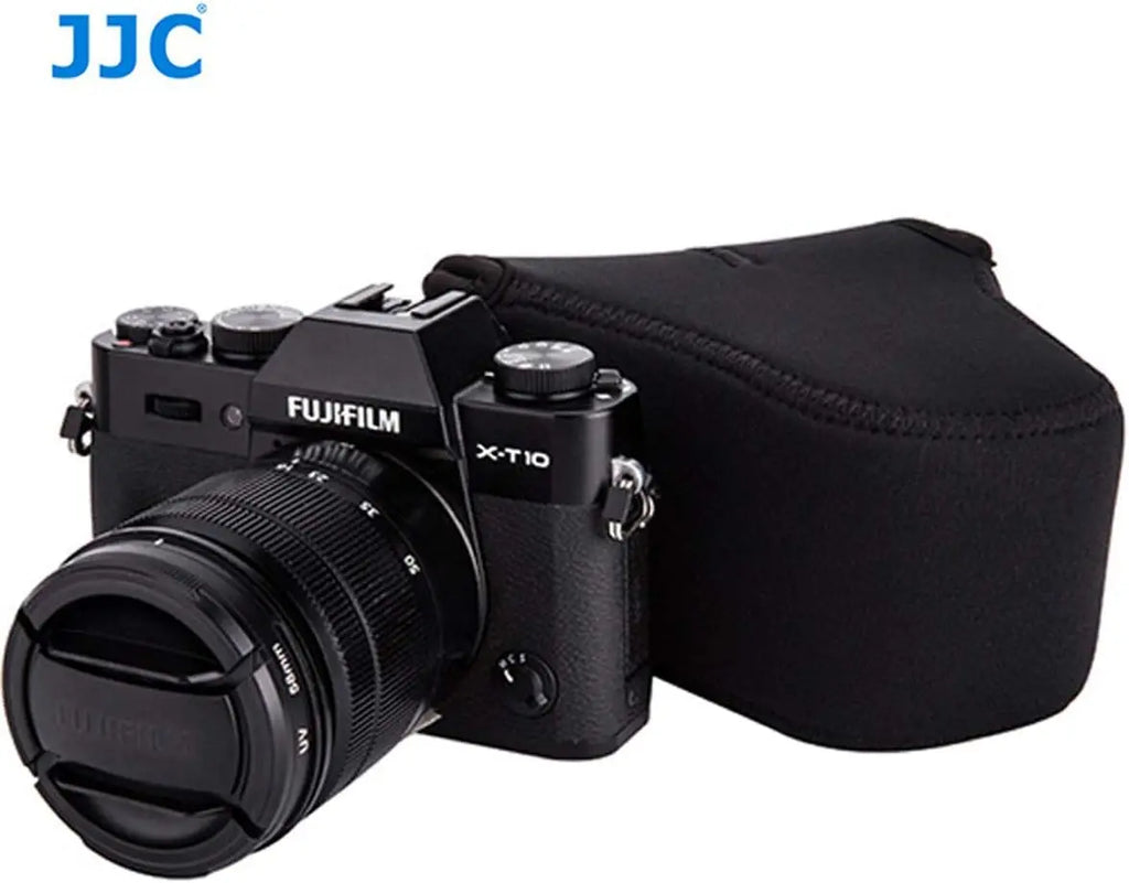 Contoured black soft camera pouch with a zip around the body and two small loops, shown closed on a white background