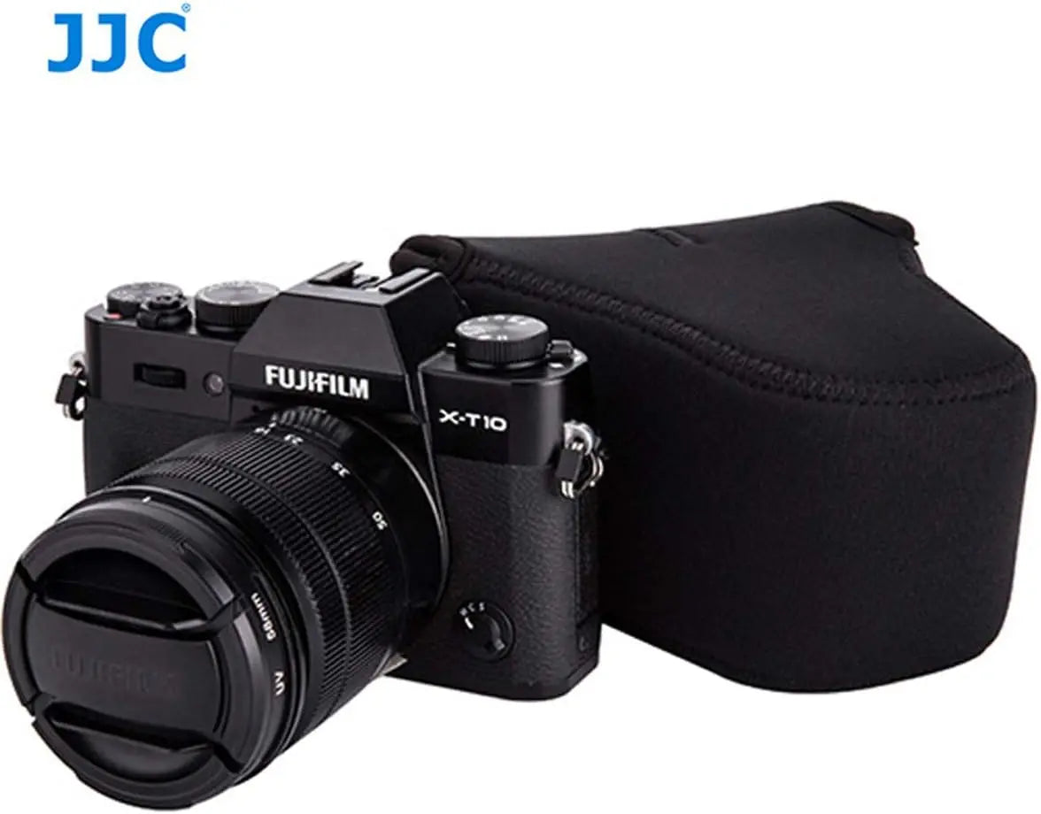 Contoured black soft camera pouch with a zip around the body and two small loops, shown closed on a white background