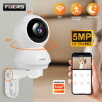 White Fuers pan-tilt camera on a wall bracket, labeled 5MP, beside a phone showing a kitten in the app