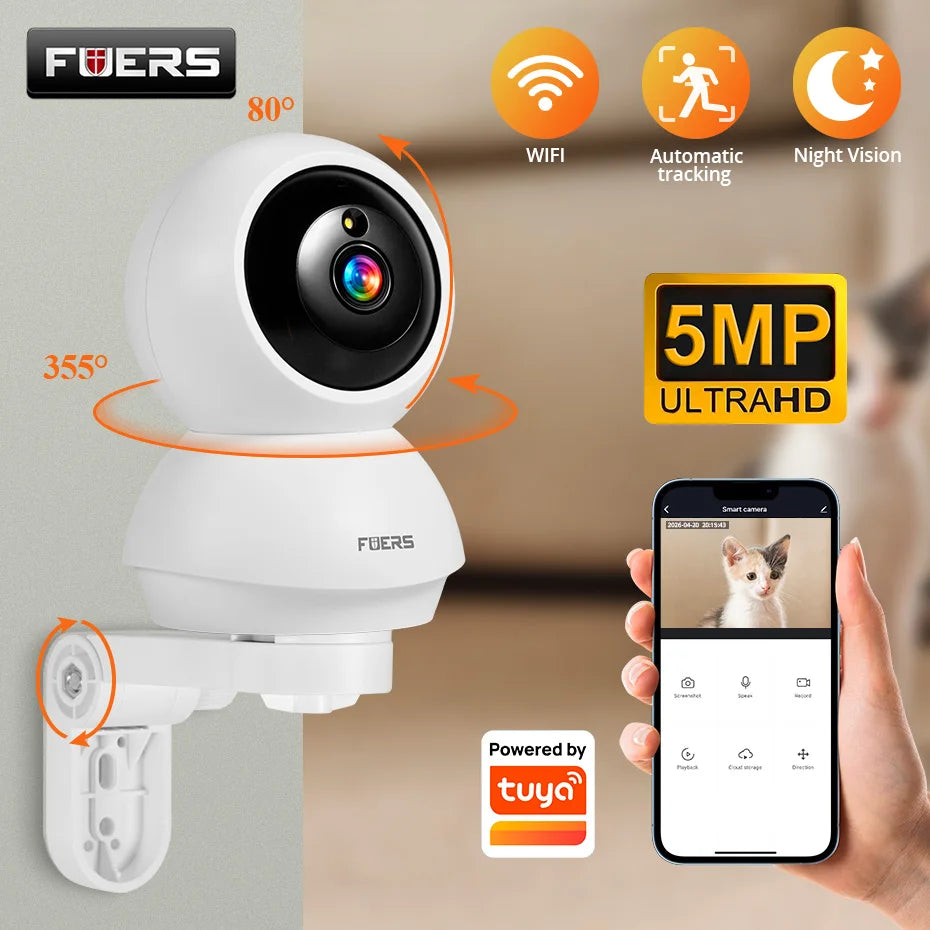 White Fuers pan-tilt camera on a wall bracket, labeled 5MP, beside a phone showing a kitten in the app