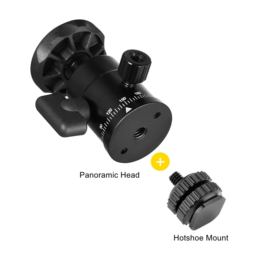 Black mini ball head with an orange rubber top plate, a locking knob and a degree scale, beside a double-nut shoe adapter
