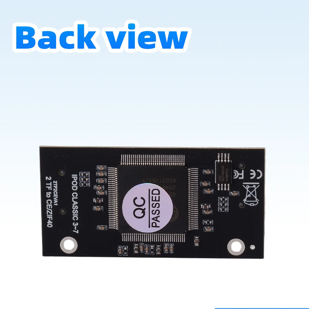 Small black circuit board with two microSD slots marked TF1 and TF2 and a flat ribbon connector along the top edge