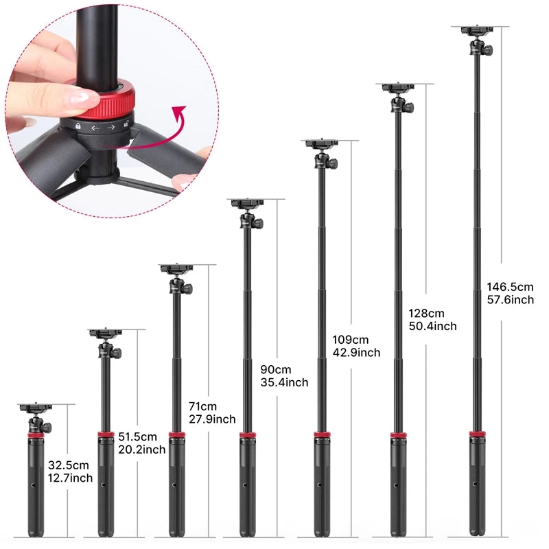 Black Ulanzi MT-44 extended as a handheld stick with a phone on top, and set up as a tripod holding a mirrorless camera