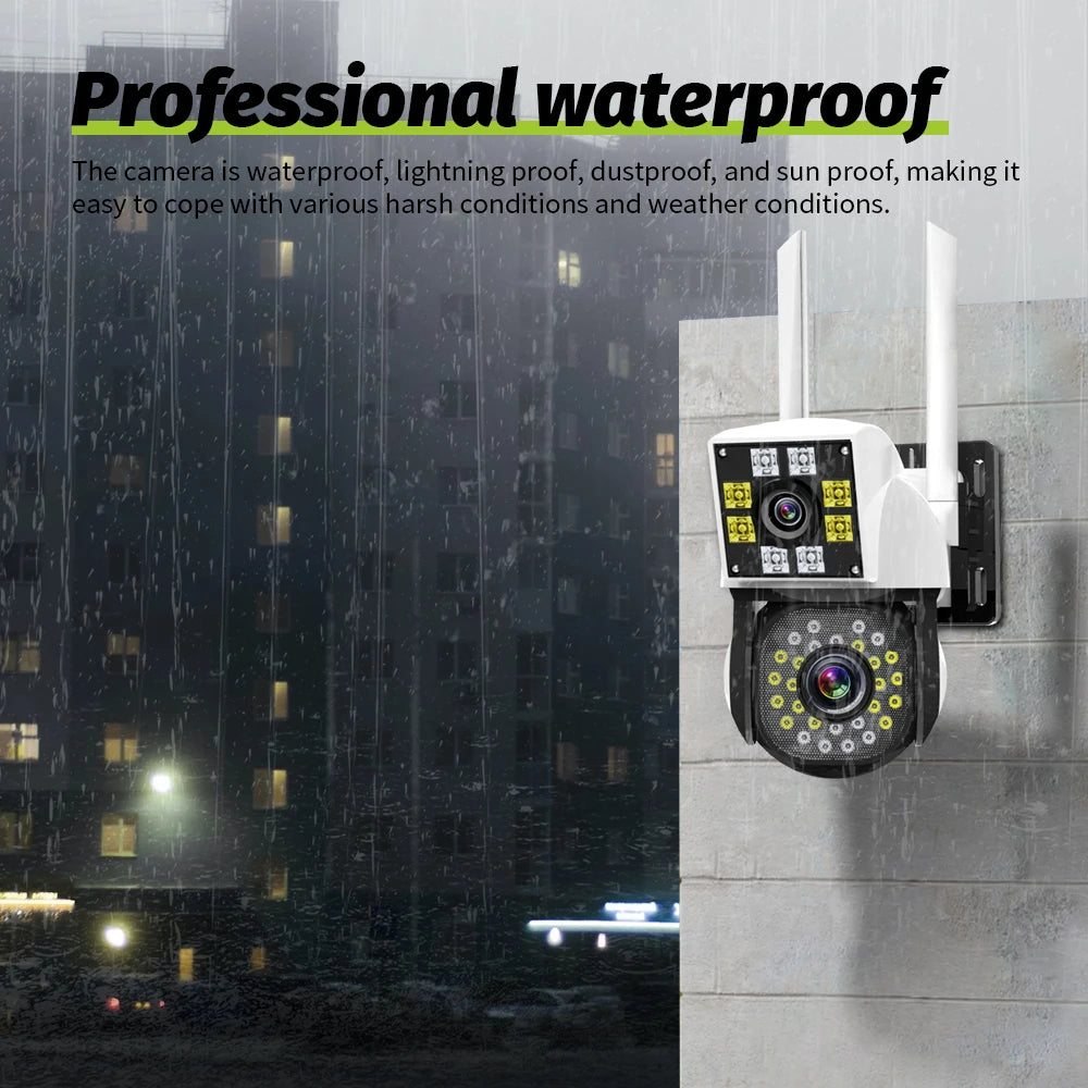 White Neye security camera with a fixed upper lens and a lower pan-tilt lens, beside a phone showing two camera views