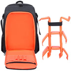 Black camera backpack shown closed and open, with grey dividers holding a DSLR, several lenses and a flash