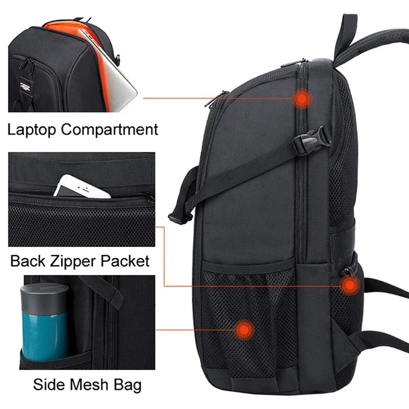 Black camera backpack with a tripod strapped to its side, plus close-ups of a strap buckle and a detachable tripod pouch