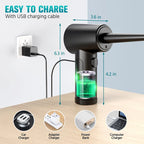 Black handheld cordless air blower with a lightning icon on the grip, five nozzle attachments and a USB cable