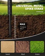Golfer mid-swing beside a black stand holding a phone on a magnetic mount, with a ground spike, mini tripod legs and parts