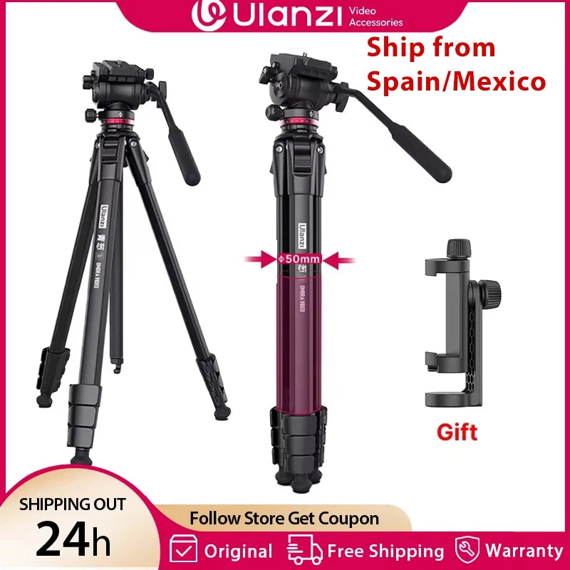 Black Ulanzi video tripod with a fluid head and pan handle, shown standing and folded, next to a phone holder