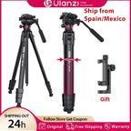 Black Ulanzi video tripod with a fluid head and pan handle, shown standing and folded, next to a phone holder