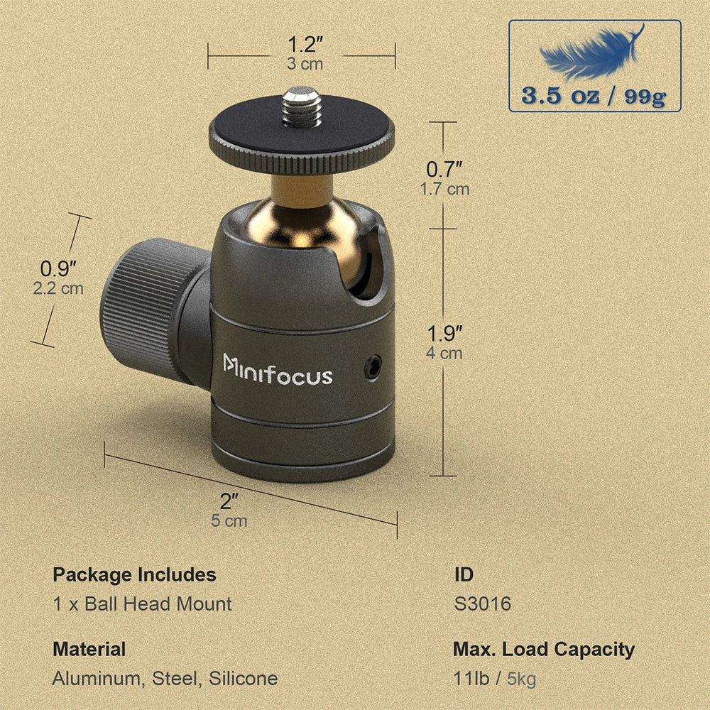 Small black ball head with a brass-colored ball, a round top plate with a screw, and a large side locking knob