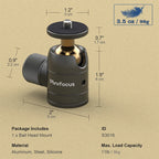 Small black ball head with a brass-colored ball, a round top plate with a screw, and a large side locking knob