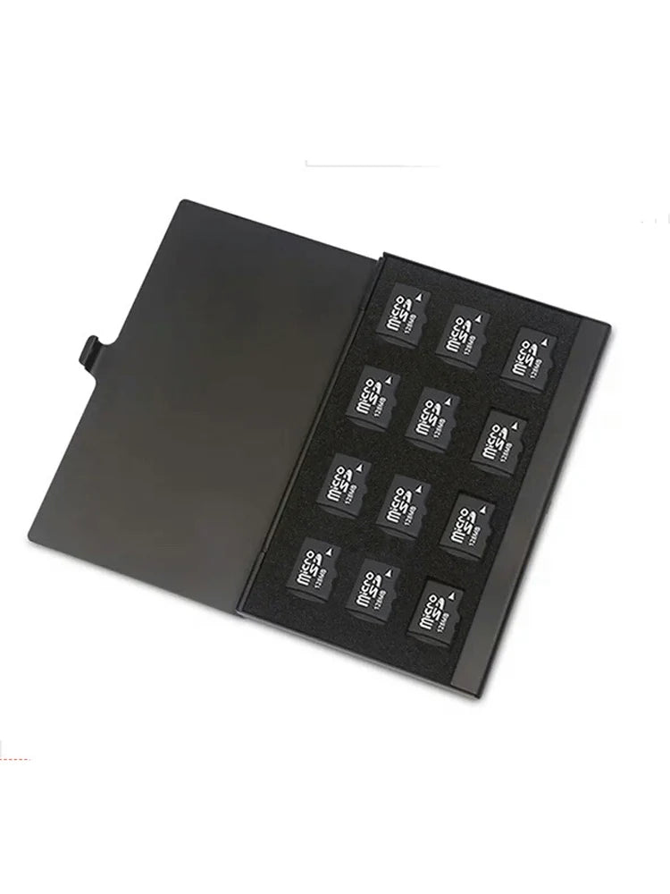 Open black metal card case holding twelve microSD cards in foam-lined slots
