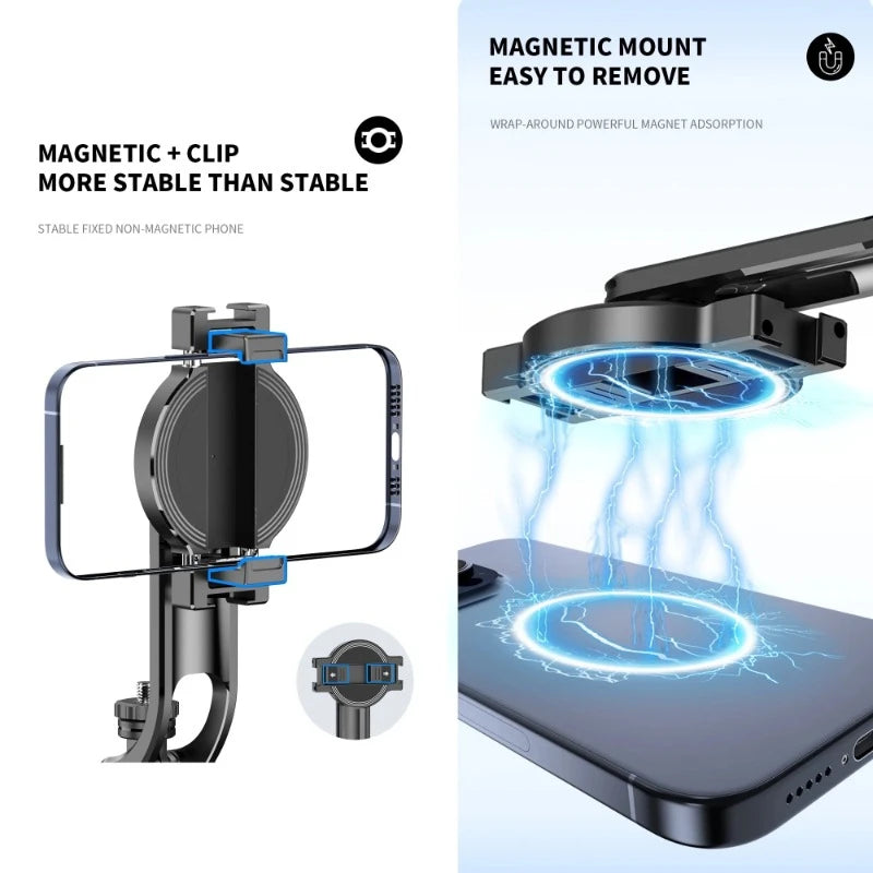 Folded black selfie stick tripod with a screw mount on top, a red ring below the head and a round clip holder on the side