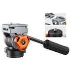 Silver and orange K&F Concept fluid video head with a long black pan handle and a quick release plate on top